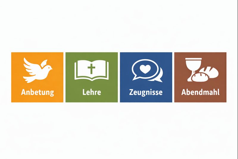 Grafik mit vier gleich großen Feldern: Anbetung, Lehre, Zeugnisse und Abendmahl, dargestellt durch Symbole.